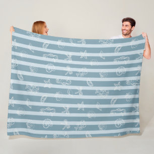 Coastal Nautical Pattern   Blue Sea Shell & Seahor Fleece Blanket