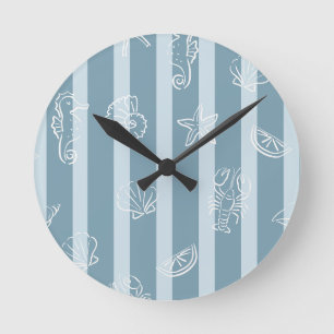 Coastal Nautical Pattern Blue Sea Shell & Seahor Round Clock