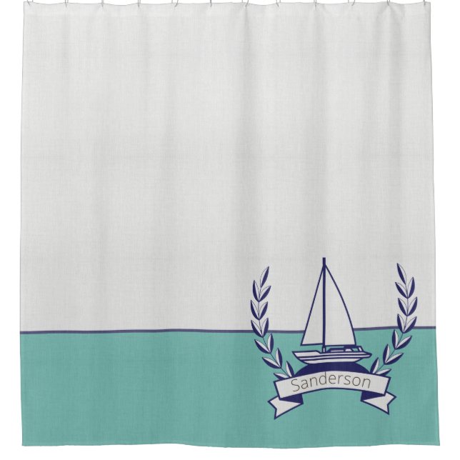 Coastal Nautical Sailboat Teal Blue Navy Summer  Shower Curtain (Front)