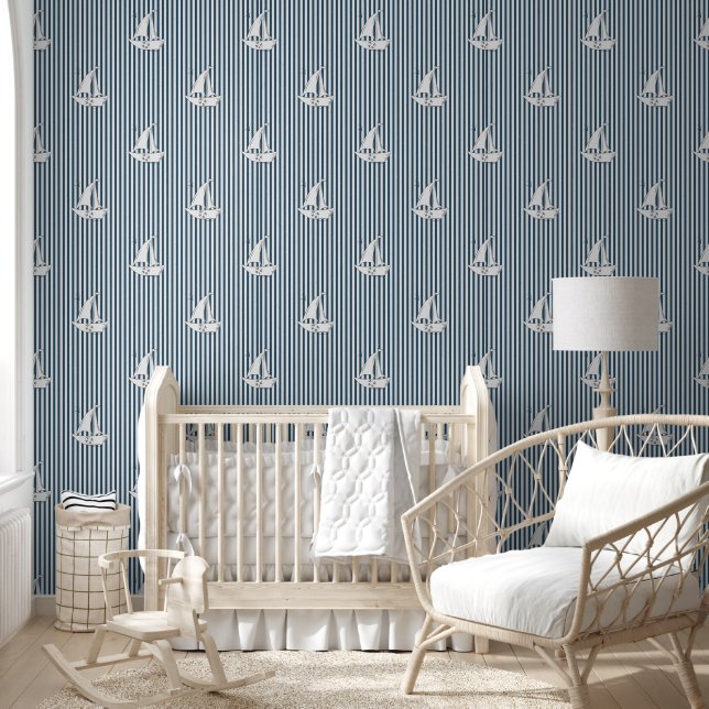 Coastal Nautical Sailboats on Preppy Blue Stripes Wallpaper (Kids)