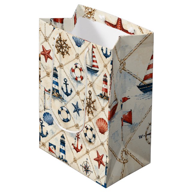 Coastal Nautical Seamless Pattern Medium Gift Bag (Front Angled)