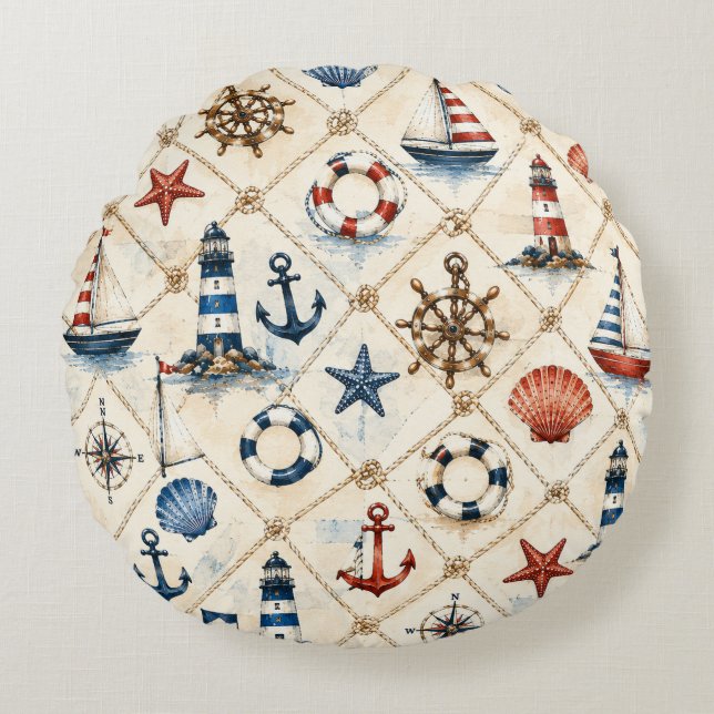 Coastal Nautical Seamless Pattern Round Cushion (Front)