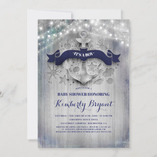 Coastal Nautical Silver Anchor Baby Shower Invitation