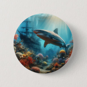 Coastal/nautical tiger shark & coral reef 6 cm round badge