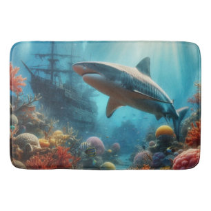 Coastal/nautical tiger shark & coral reef bath mat