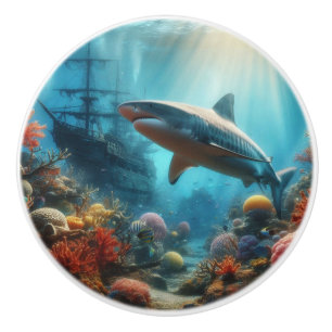 Coastal/nautical tiger shark & coral reef ceramic knob