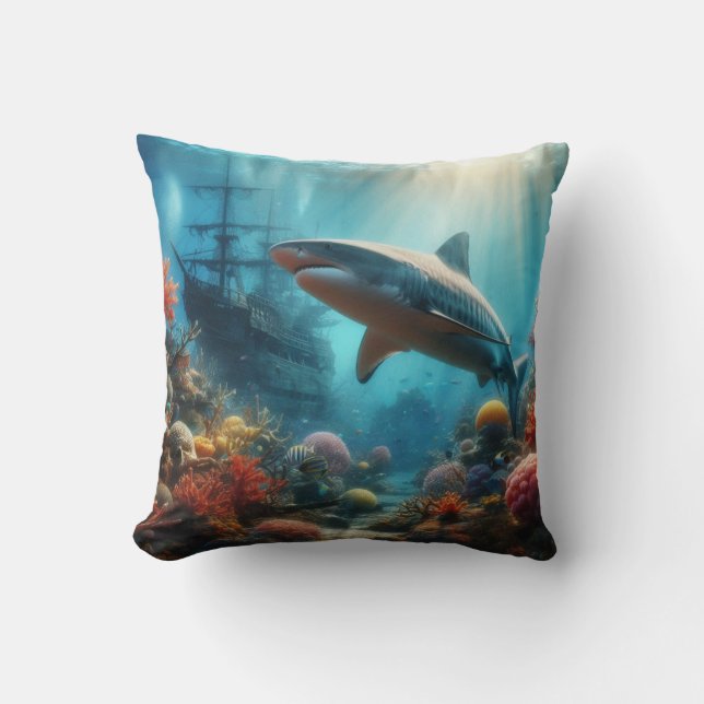 Coastal/nautical tiger shark & coral reef cushion (Front)