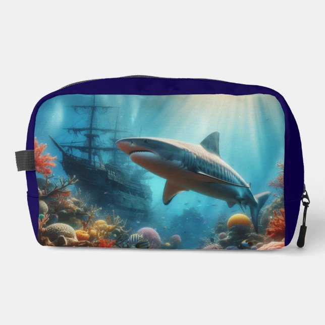 Coastal/nautical tiger shark & coral reef dopp kit (Front)