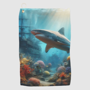 Coastal/nautical tiger shark & coral reef golf towel