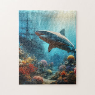 Coastal/nautical tiger shark & coral reef jigsaw puzzle