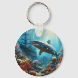 Coastal/nautical tiger shark & coral reef key ring
