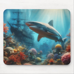 Coastal/nautical tiger shark & coral reef mouse mat