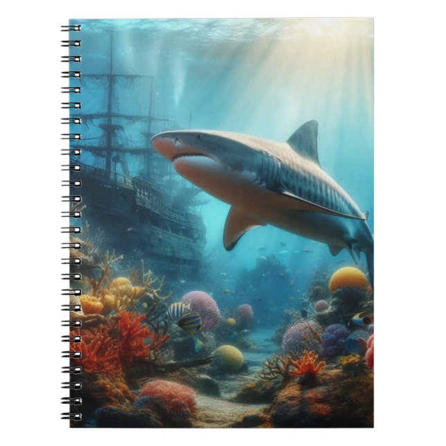 Coastal/nautical tiger shark & coral reef notebook (Front)