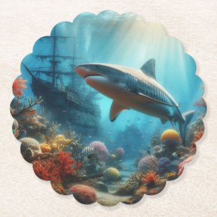 Coastal/nautical tiger shark & coral reef paper coaster