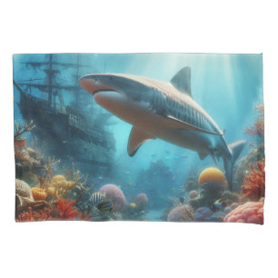 Coastal/nautical tiger shark & coral reef pillowcase