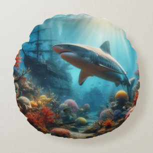 Coastal/nautical tiger shark & coral reef round cushion