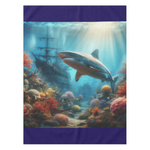 Coastal/nautical tiger shark & coral reef tablecloth