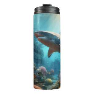 Coastal/nautical tiger shark & coral reef thermal tumbler