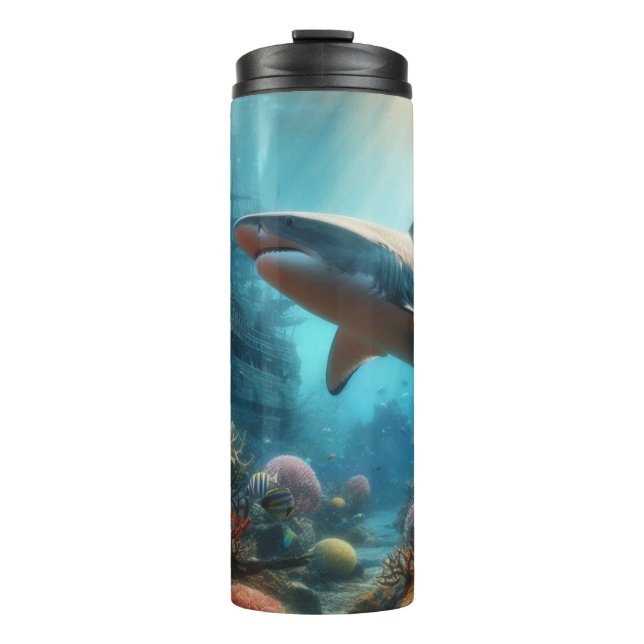 Coastal/nautical tiger shark & coral reef thermal tumbler (Front)