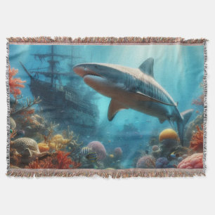 Coastal/nautical tiger shark & coral reef throw blanket