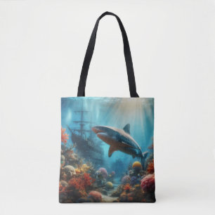 Coastal/nautical tiger shark & coral reef tote bag