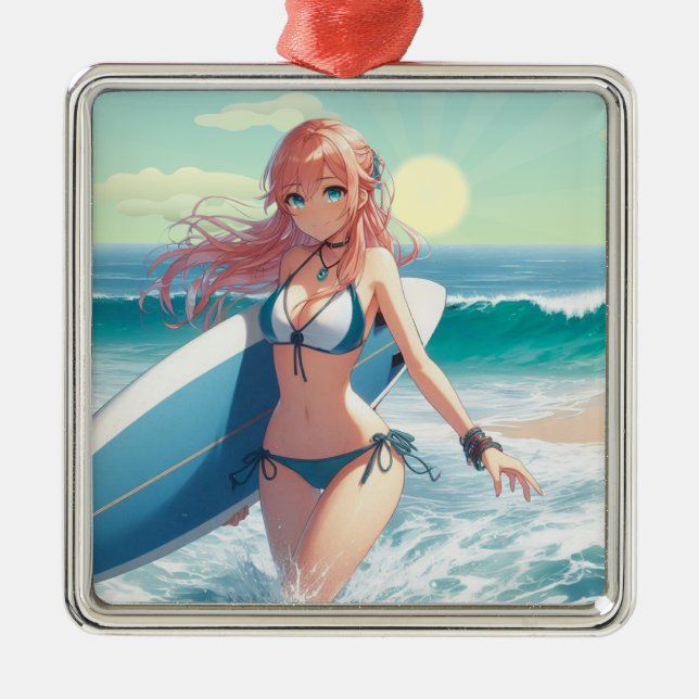 Coastal/Nautical/tropical anime surfer girl Metal Tree Decoration (Front)
