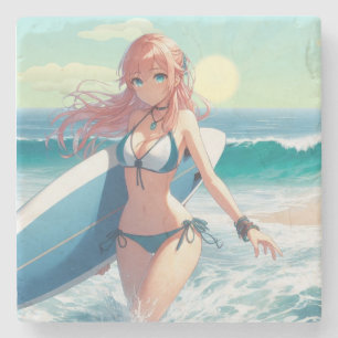 Coastal/Nautical/tropical anime surfer girl Stone Coaster