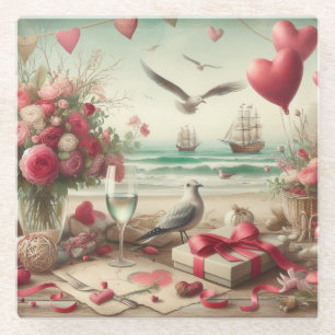 Coastal/Nautical Valentine's day Glass Coaster