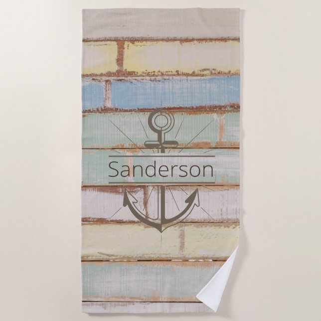 Coastal Nautical Weathered Summer Beach Wood Beach Towel (Front)