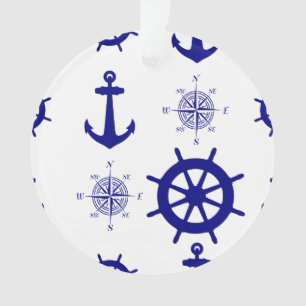 Coastal Nautical White Blue Sailing Pattern Ornament