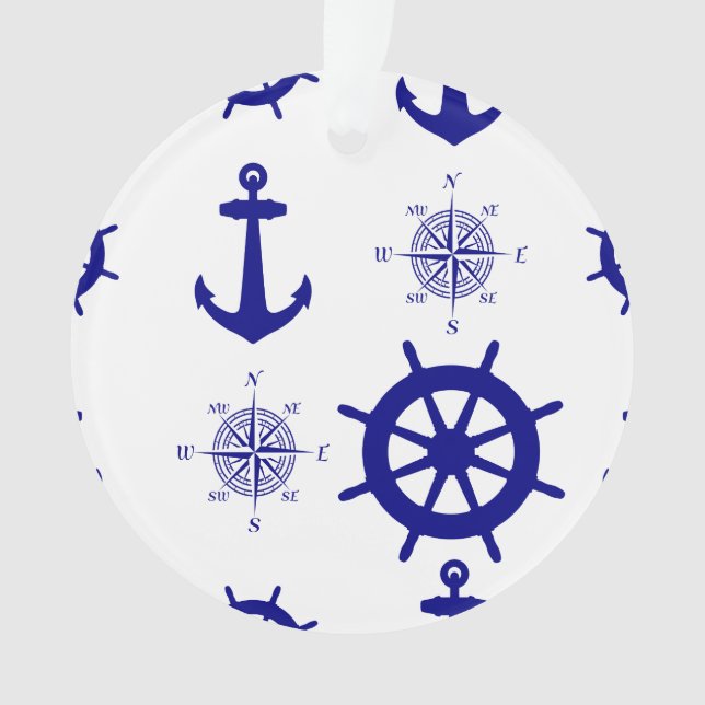 Coastal Nautical White Blue Sailing Pattern Ornament (Front)