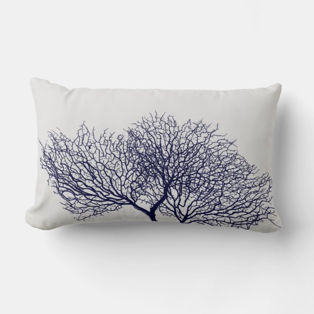 Coastal Navy Blue Grey Sea Coral Beach Lumbar Cushion (Front)