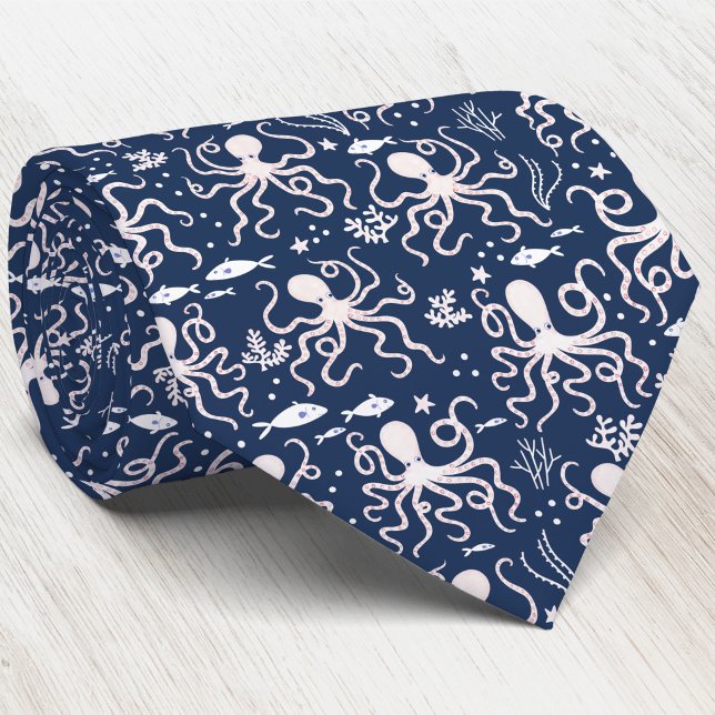 Coastal Navy Blue Nautical Undersea Octopus Tie (Modern navy blue coastal nautical octopus pattern neck tie)