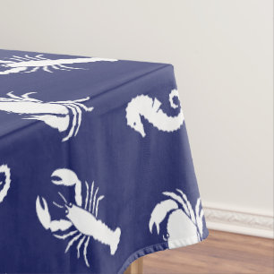 Coastal navy blue white lobster crab seahorse tablecloth