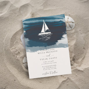 Coastal Navy Ocean Beach Sail Boat Elegant Wedding Invitation