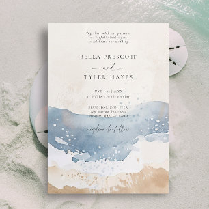 Coastal Navy Ocean Beach Wave Sand Elegant Wedding Invitation