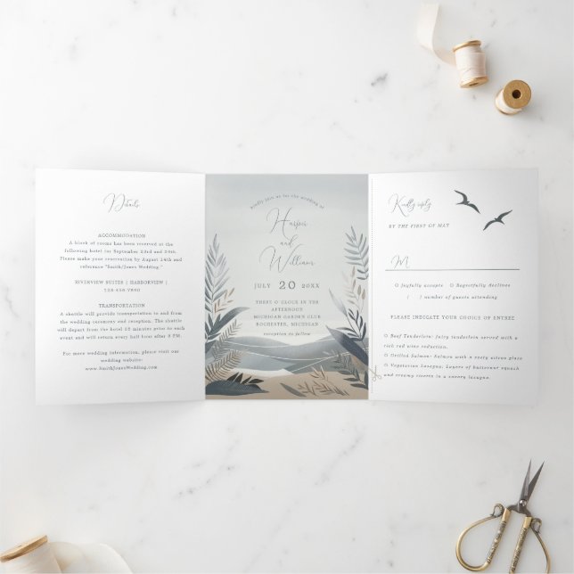 coastal new england beach Tri-Fold Wedding Invitation (Inside)