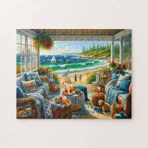 Coastal New England Summer Porch Seascape Jigsaw Puzzle