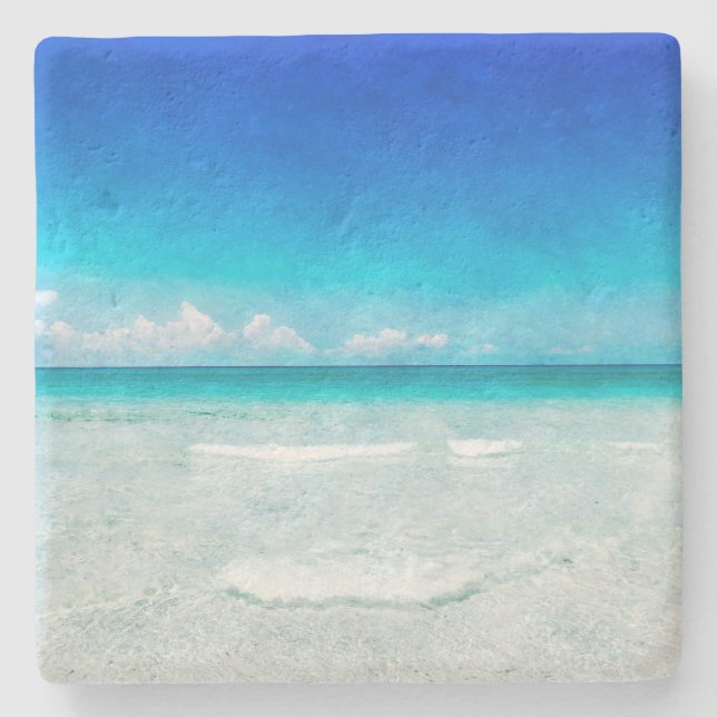 Coastal Ocean Beach in Teal Aqua Turquoise Blue Stone Coaster (Front)