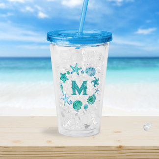 Coastal Ocean Blue Seashells and Starfish Monogram Acrylic Tumbler