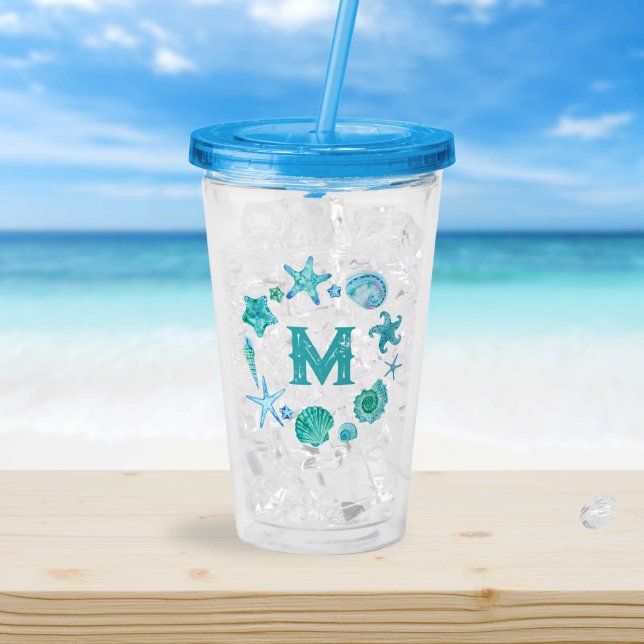 Coastal Ocean Blue Seashells and Starfish Monogram Acrylic Tumbler (Coastal Ocean Blue Seashells and Starfish Monogram Acrylic Tumbler)