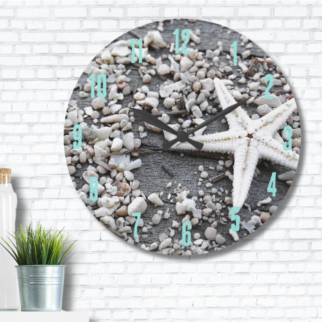 Coastal Ocean Sea Shell Pattern Large Clock (Nautical White Starfish Shell Gray Sand Beach Large Clock)