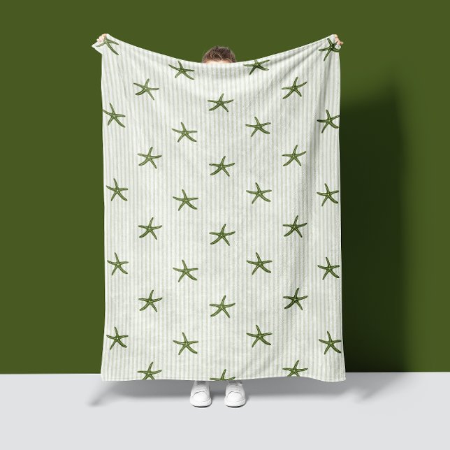 Coastal Ocean Tides Starfish Stripe Deep Olive Fleece Blanket (Creator Uploaded)