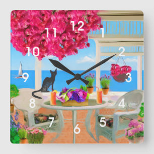 Coastal Ocean Veranda Scene Square Wall Clock