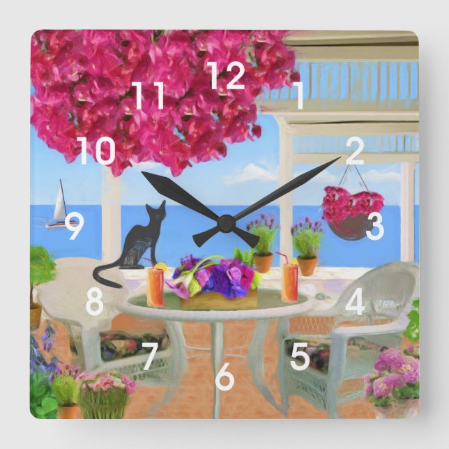 Coastal Ocean Veranda Scene Square Wall Clock (Front)
