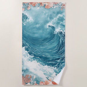 Coastal Ocean Wave Art Blue Sea Wave With Coral Beach Towel
