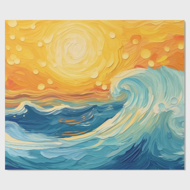 Coastal Oil Painting Sun and Waves Decoupage Wrapping Paper (Flat)