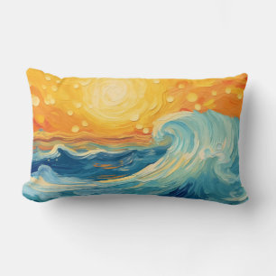Coastal Oil Painting Sun and Waves Lumbar Cushion