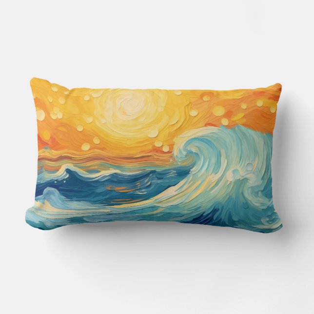 Coastal Oil Painting Sun and Waves Lumbar Cushion (Front)