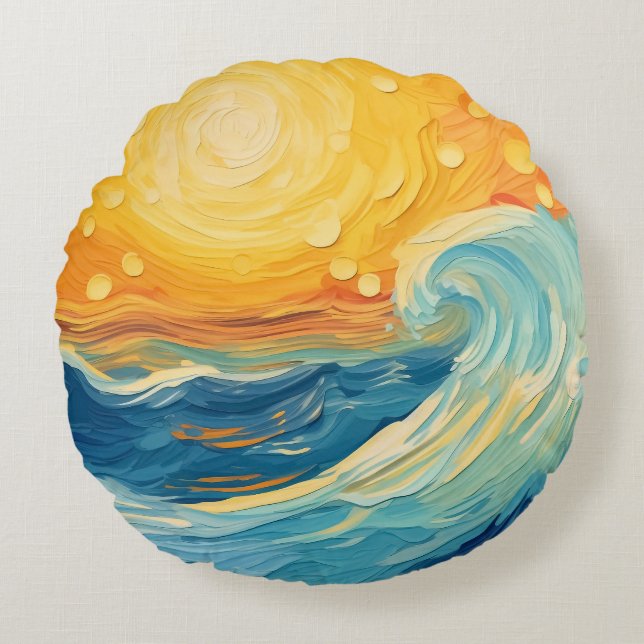 Coastal Oil Painting Sun and Waves Round Cushion (Front)